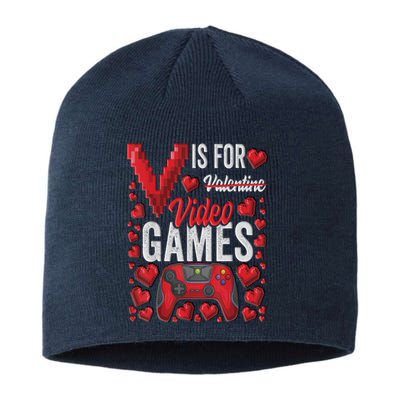 V Is For Video Games Funny Valentines Day Gamer Sustainable Beanie