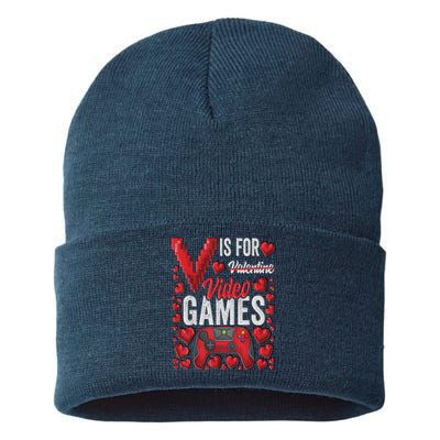 V Is For Video Games Funny Valentines Day Gamer Sustainable Knit Beanie