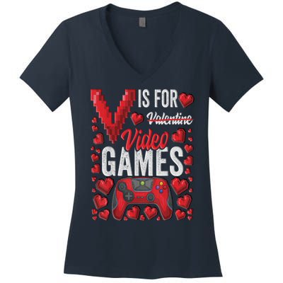 V Is For Video Games Funny Valentines Day Gamer Women's V-Neck T-Shirt