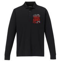 V Is For Video Games Valentine Gamer Valentines Day Performance Long Sleeve Polo