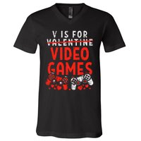 V Is For Video Games Valentine Gamer Valentines Day V-Neck T-Shirt