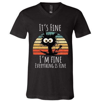Vintage It's Fine I'm Fine Everything Is Fine Cat Father V-Neck T-Shirt