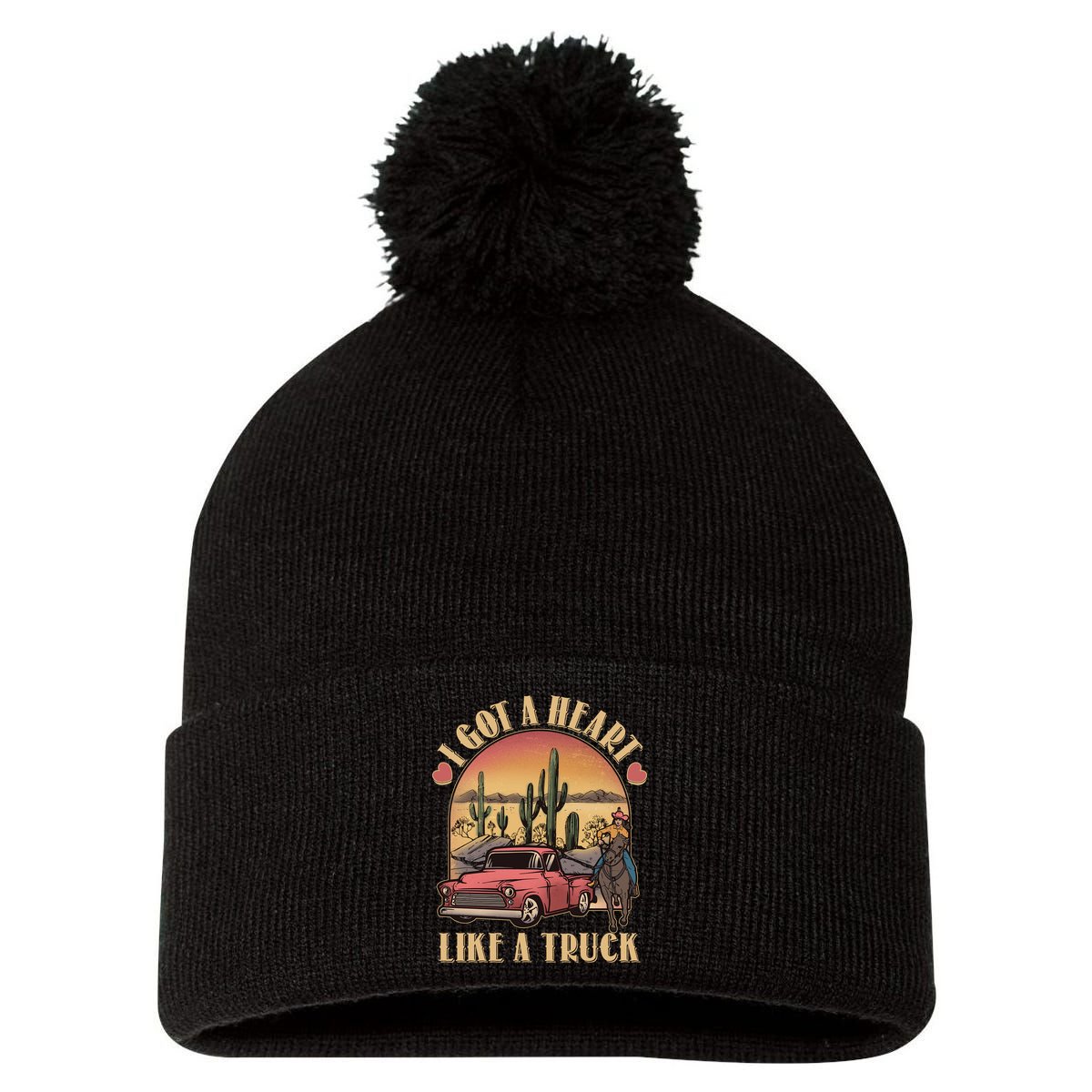 Vintage I Got A Heart Like A Truck Cowgirl Pom Pom 12in Knit Beanie