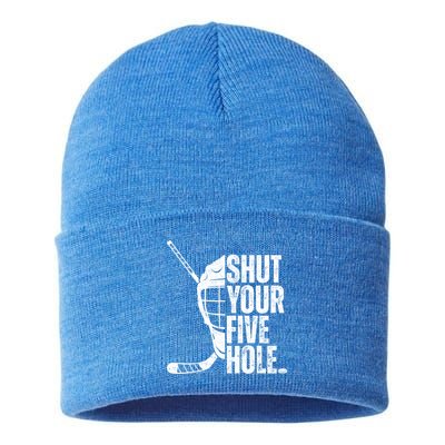 Vintage Ice Hockey Goalie Funny Shut Your Five Hole Cute Gift Sustainable Knit Beanie