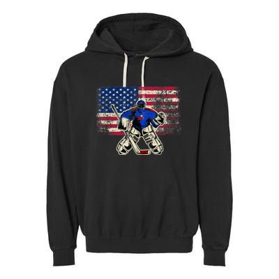 Vintage Ice Hockey Goalie USA Flag Gift For Goalie Garment-Dyed Fleece Hoodie