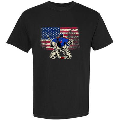 Vintage Ice Hockey Goalie USA Flag Gift For Goalie Garment-Dyed Heavyweight T-Shirt