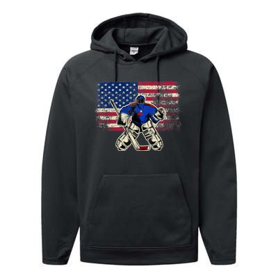 Vintage Ice Hockey Goalie USA Flag Gift For Goalie Performance Fleece Hoodie