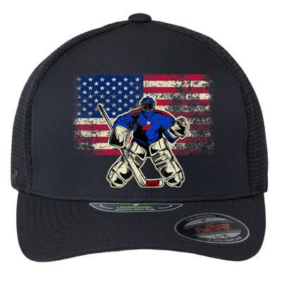 Vintage Ice Hockey Goalie USA Flag Gift For Goalie Flexfit Unipanel Trucker Cap