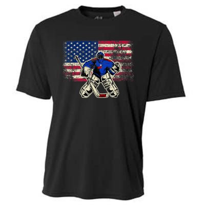 Vintage Ice Hockey Goalie USA Flag Gift For Goalie Cooling Performance Crew T-Shirt