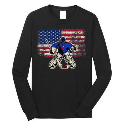 Vintage Ice Hockey Goalie USA Flag Gift For Goalie Long Sleeve Shirt