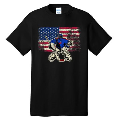 Vintage Ice Hockey Goalie USA Flag Gift For Goalie Tall T-Shirt