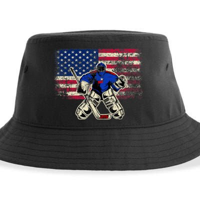 Vintage Ice Hockey Goalie USA Flag Gift For Goalie Sustainable Bucket Hat