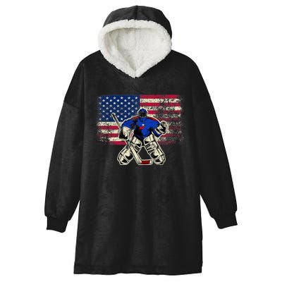 Vintage Ice Hockey Goalie USA Flag Gift For Goalie Hooded Wearable Blanket