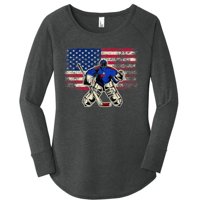 Vintage Ice Hockey Goalie USA Flag Gift For Goalie Women's Perfect Tri Tunic Long Sleeve Shirt