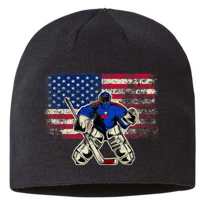 Vintage Ice Hockey Goalie USA Flag Gift For Goalie Sustainable Beanie