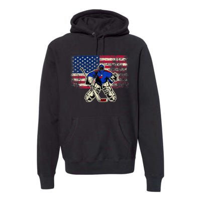 Vintage Ice Hockey Goalie USA Flag Gift For Goalie Premium Hoodie