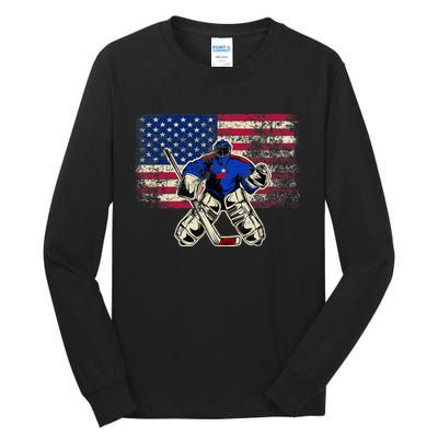 Vintage Ice Hockey Goalie USA Flag Gift For Goalie Tall Long Sleeve T-Shirt