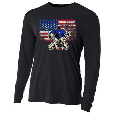 Vintage Ice Hockey Goalie USA Flag Gift For Goalie Cooling Performance Long Sleeve Crew