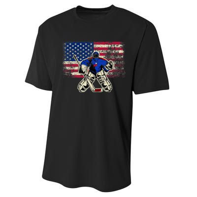 Vintage Ice Hockey Goalie USA Flag Gift For Goalie Performance Sprint T-Shirt