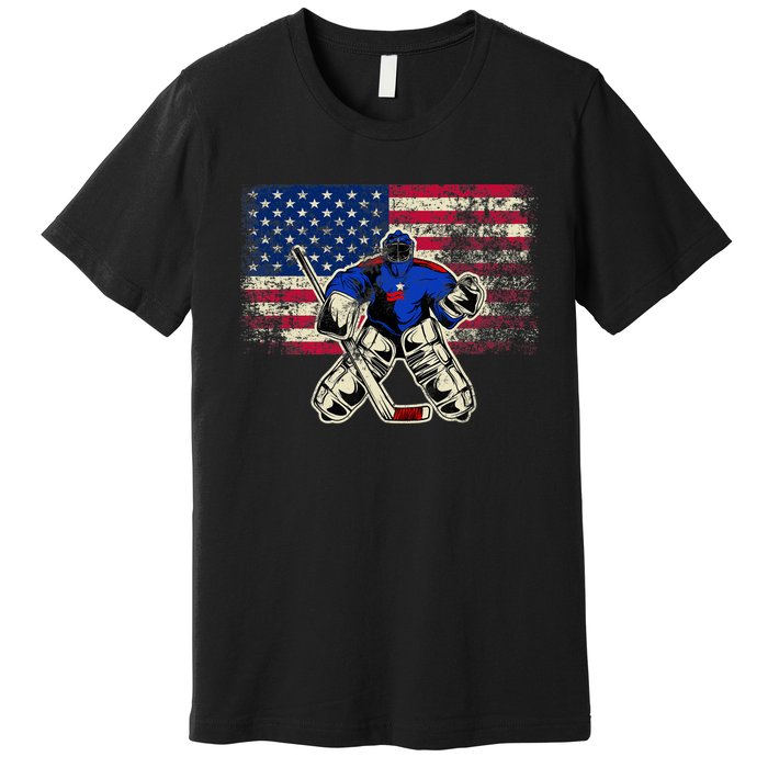 Vintage Ice Hockey Goalie USA Flag Gift For Goalie Premium T-Shirt