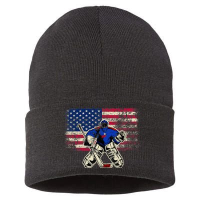 Vintage Ice Hockey Goalie USA Flag Gift For Goalie Sustainable Knit Beanie