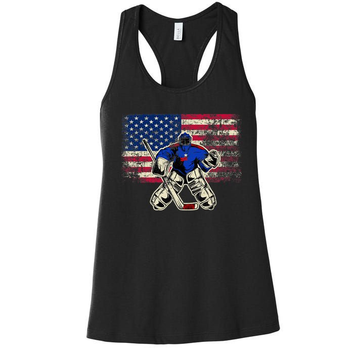 Vintage Ice Hockey Goalie USA Flag Gift For Goalie Women's Racerback Tank