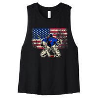 Vintage Ice Hockey Goalie USA Flag Gift For Goalie Women's Racerback Cropped Tank