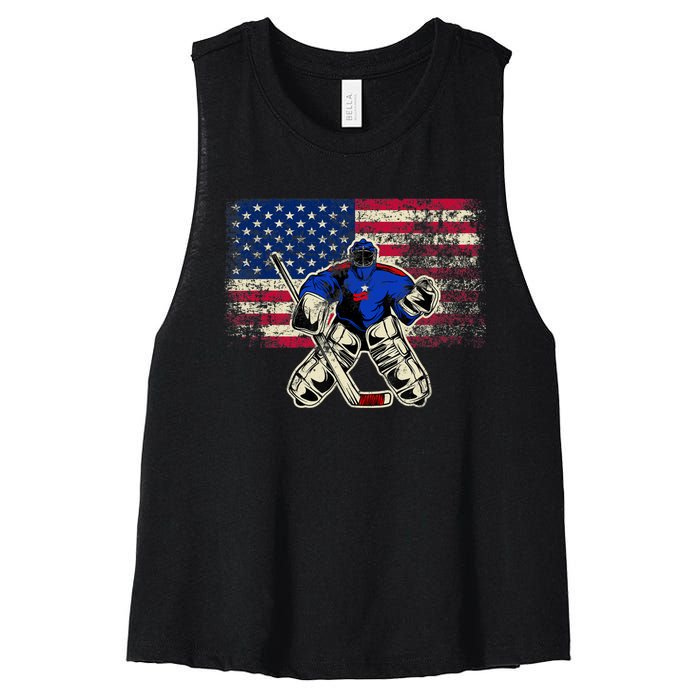 Vintage Ice Hockey Goalie USA Flag Gift For Goalie Women's Racerback Cropped Tank