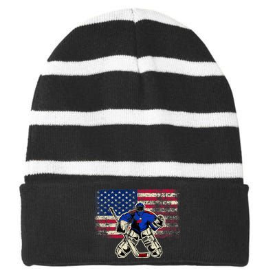 Vintage Ice Hockey Goalie USA Flag Gift For Goalie Striped Beanie with Solid Band