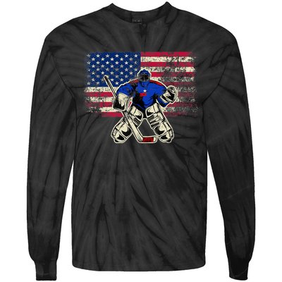 Vintage Ice Hockey Goalie USA Flag Gift For Goalie Tie-Dye Long Sleeve Shirt