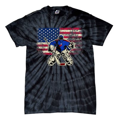 Vintage Ice Hockey Goalie USA Flag Gift For Goalie Tie-Dye T-Shirt