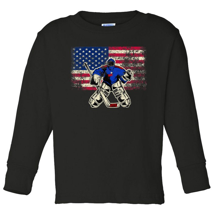 Vintage Ice Hockey Goalie USA Flag Gift For Goalie Toddler Long Sleeve Shirt