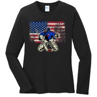 Vintage Ice Hockey Goalie USA Flag Gift For Goalie Ladies Long Sleeve Shirt