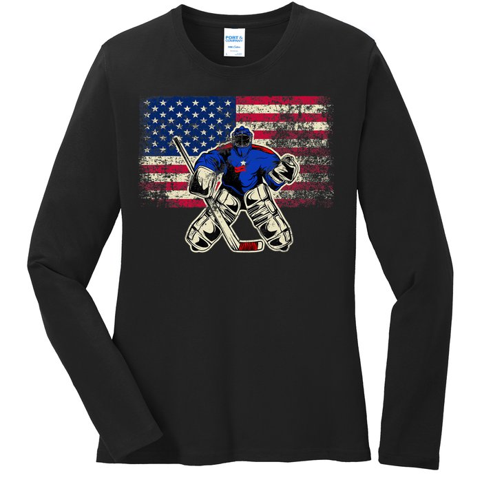 Vintage Ice Hockey Goalie USA Flag Gift For Goalie Ladies Long Sleeve Shirt