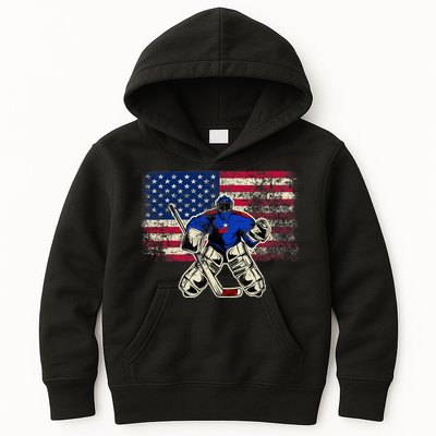Vintage Ice Hockey Goalie USA Flag Gift For Goalie Kids Hoodie