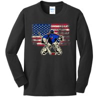 Vintage Ice Hockey Goalie USA Flag Gift For Goalie Kids Long Sleeve Shirt