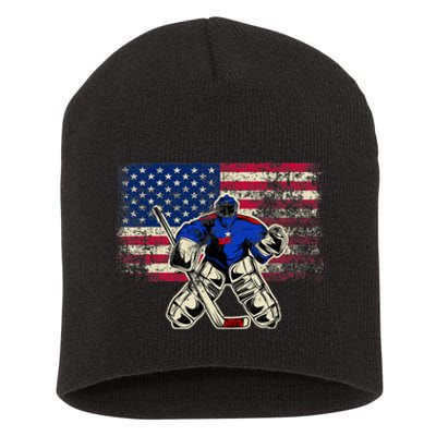 Vintage Ice Hockey Goalie USA Flag Gift For Goalie Short Acrylic Beanie