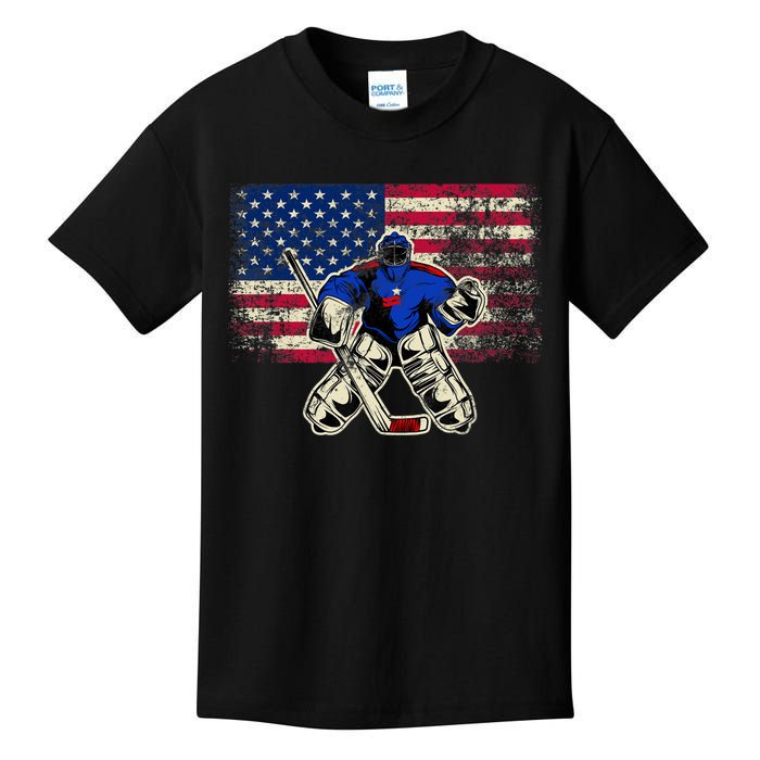 Vintage Ice Hockey Goalie USA Flag Gift For Goalie Kids T-Shirt