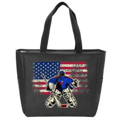 Vintage Ice Hockey Goalie USA Flag Gift For Goalie Zip Tote Bag