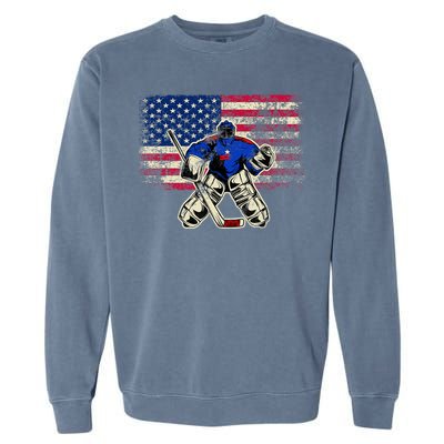 Vintage Ice Hockey Goalie USA Flag Gift For Goalie Garment-Dyed Sweatshirt