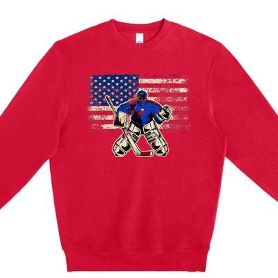 Vintage Ice Hockey Goalie USA Flag Gift For Goalie Premium Crewneck Sweatshirt