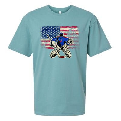 Vintage Ice Hockey Goalie USA Flag Gift For Goalie Sueded Cloud Jersey T-Shirt