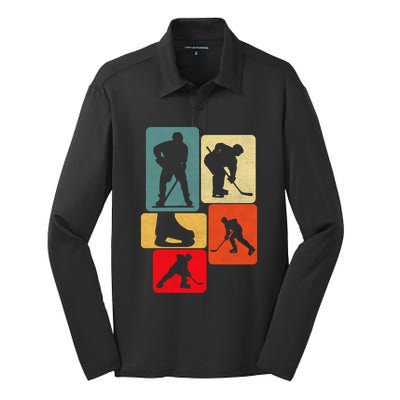 Vintage Ice Hockey Silhouette Players Retro Style Design Meaningful Gift Silk Touch Performance Long Sleeve Polo