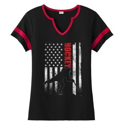 Vintage Ice Hockey American Flag Ice Hockey Player 4th July Ladies Halftime Notch Neck Tee