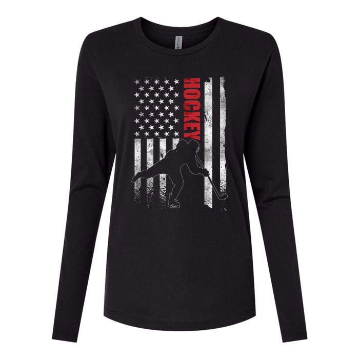 Vintage Ice Hockey American Flag Ice Hockey Player 4th July Womens Cotton Relaxed Long Sleeve T-Shirt