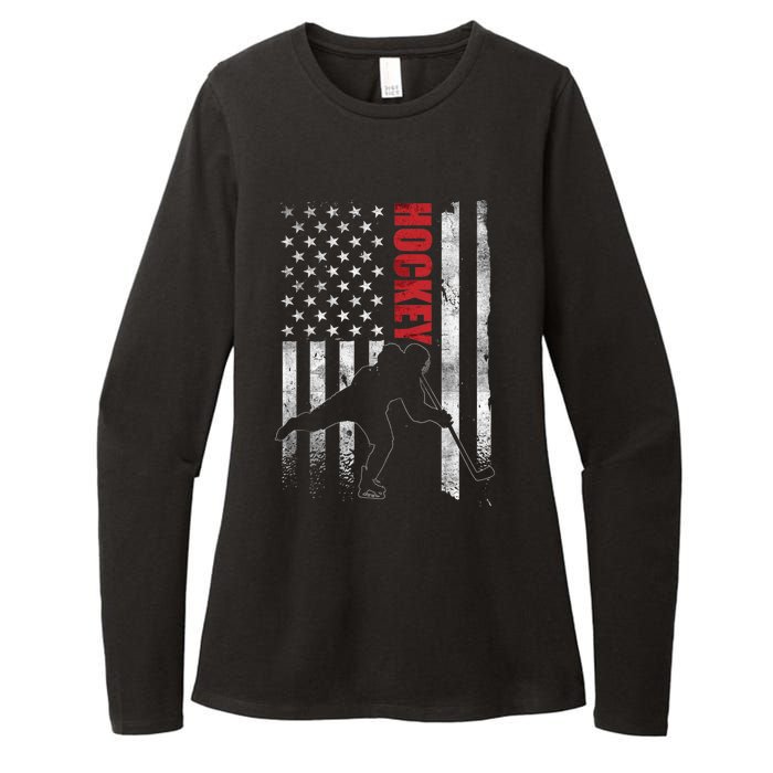 Vintage Ice Hockey American Flag Ice Hockey Player 4th July Womens CVC Long Sleeve Shirt