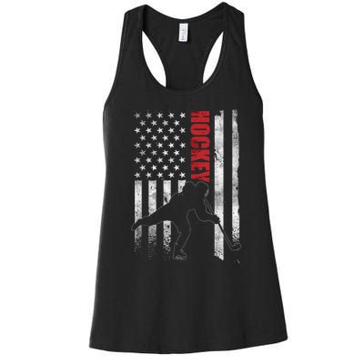 Vintage Ice Hockey American Flag Ice Hockey Player 4th July Women's Racerback Tank