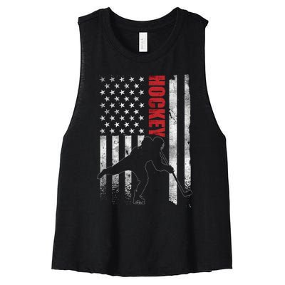 Vintage Ice Hockey American Flag Ice Hockey Player 4th July Women's Racerback Cropped Tank