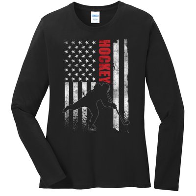 Vintage Ice Hockey American Flag Ice Hockey Player 4th July Ladies Long Sleeve Shirt