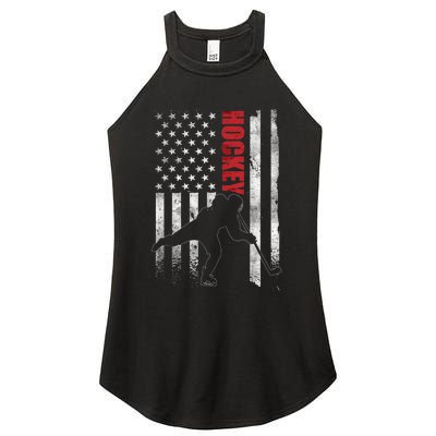 Vintage Ice Hockey American Flag Ice Hockey Player 4th July Women's Perfect Tri Rocker Tank